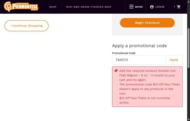 Piedmontese checkout page showing Piedmontese promo code box | Screenshot taken by SimplyCodes community member on Aug 9, 2025