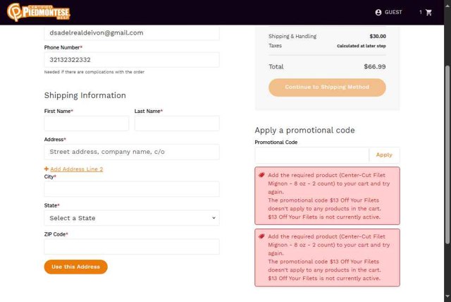 Piedmontese checkout page showing Piedmontese promo code box | Screenshot taken by SimplyCodes community member on Sep 7, 2025