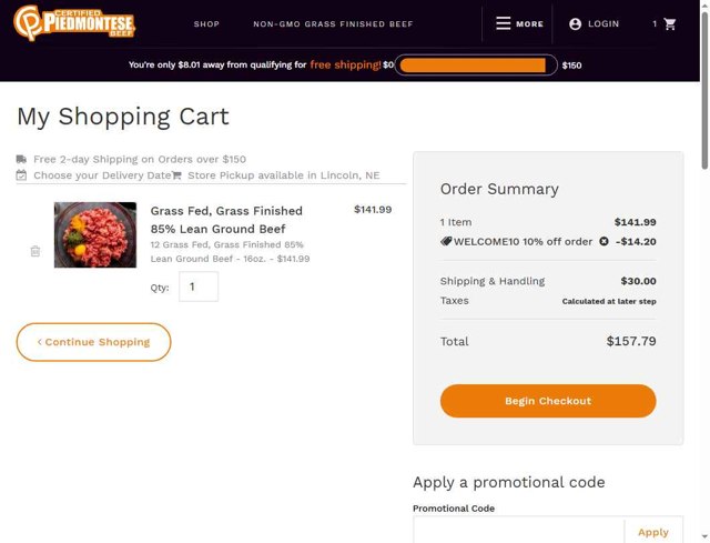 Piedmontese checkout page showing Piedmontese promo code box | Screenshot taken by SimplyCodes community member on Jul 30, 2025