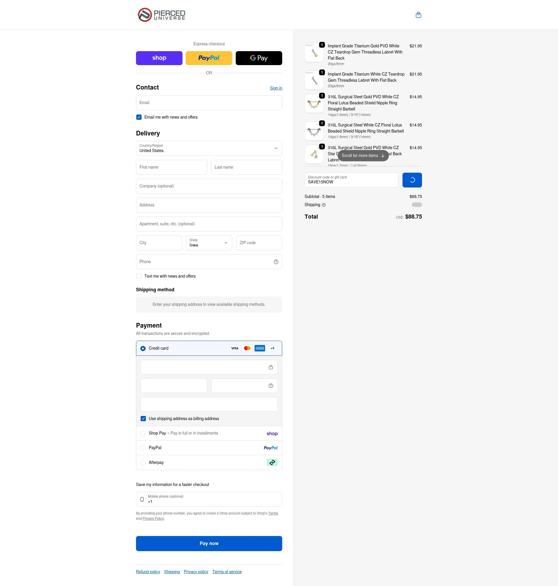 Pierced Universe checkout page showing Pierced Universe coupon code box | Screenshot taken by SimplyCodes community member on Feb 16, 2026