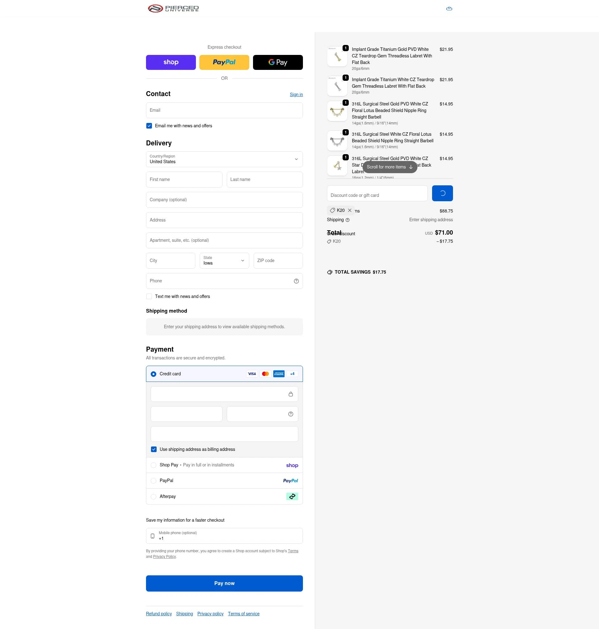 Pierced Universe checkout page showing Pierced Universe coupon code box | Screenshot taken by SimplyCodes community member on Feb 16, 2026