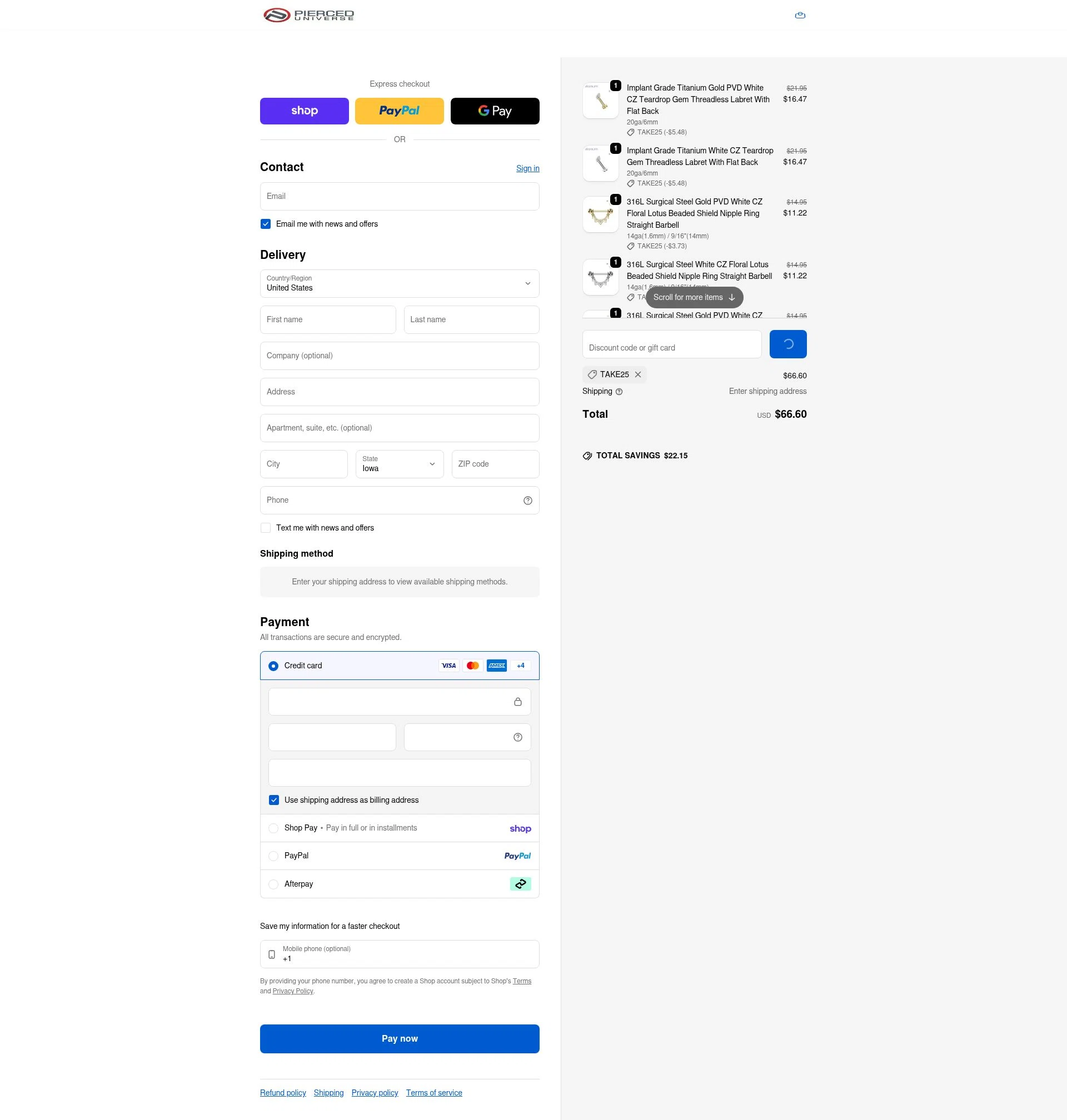 Pierced Universe checkout page showing Pierced Universe coupon code box | Screenshot taken by SimplyCodes community member on Feb 16, 2026