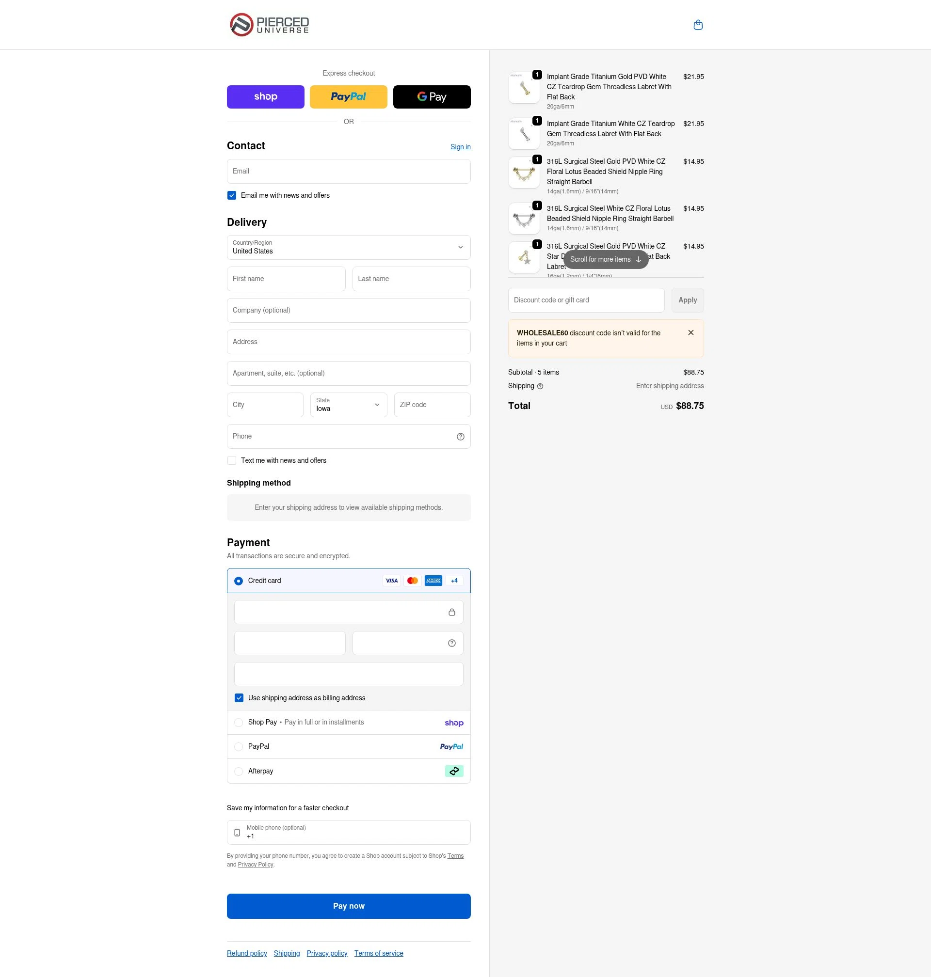 Pierced Universe checkout page showing Pierced Universe coupon code box | Screenshot taken by SimplyCodes community member on Feb 16, 2026