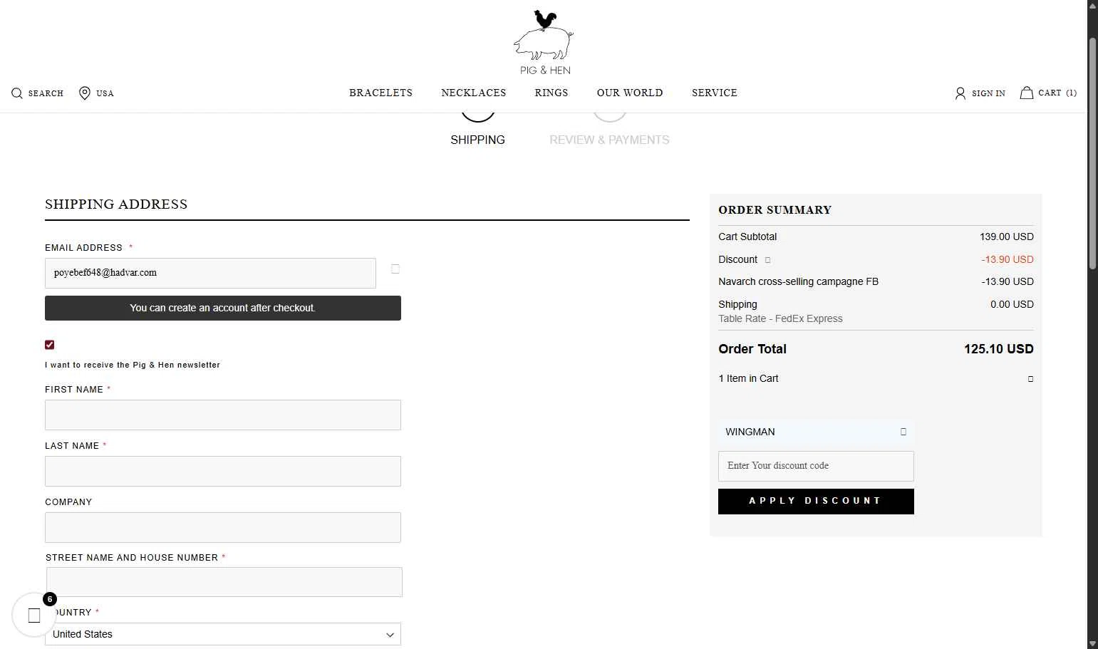 Pig & Hen US checkout page showing Pig & Hen US promo code box | Screenshot taken by SimplyCodes community member on Jul 19, 2025