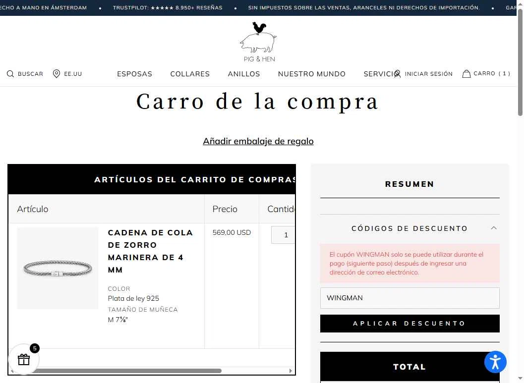 Pig & Hen US checkout page showing Pig & Hen US promo code box | Screenshot taken by SimplyCodes community member on Jan 5, 2026