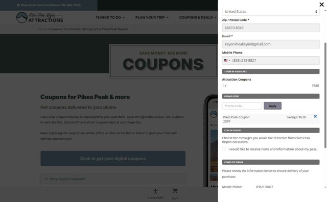 Pikes Peak checkout page showing Pikes Peak discount code box | Screenshot taken by SimplyCodes community member on Jun 30, 2025