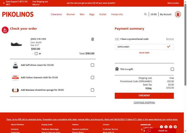 Pikolinos checkout page showing Pikolinos promo code box | Screenshot taken by SimplyCodes community member on Aug 21, 2025