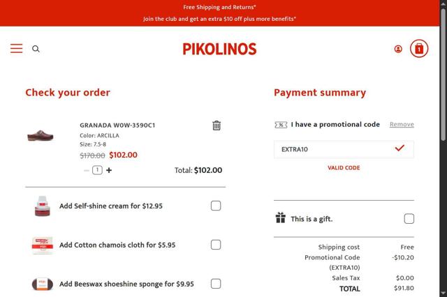 Pikolinos checkout page showing Pikolinos promo code box | Screenshot taken by SimplyCodes community member on Sep 1, 2025