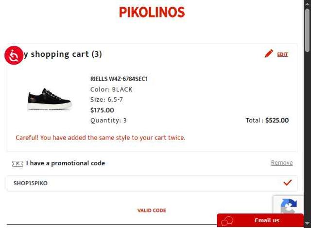 Pikolinos checkout page showing Pikolinos promo code box | Screenshot taken by SimplyCodes community member on Aug 23, 2025