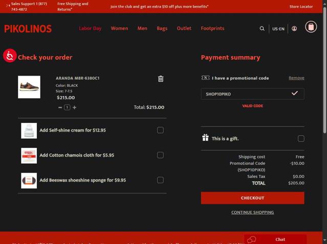 Pikolinos checkout page showing Pikolinos promo code box | Screenshot taken by SimplyCodes community member on Sep 1, 2025