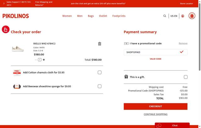 Pikolinos checkout page showing Pikolinos promo code box | Screenshot taken by SimplyCodes community member on Sep 6, 2025