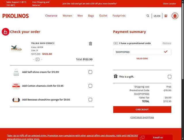 Pikolinos checkout page showing Pikolinos promo code box | Screenshot taken by SimplyCodes community member on Aug 23, 2025