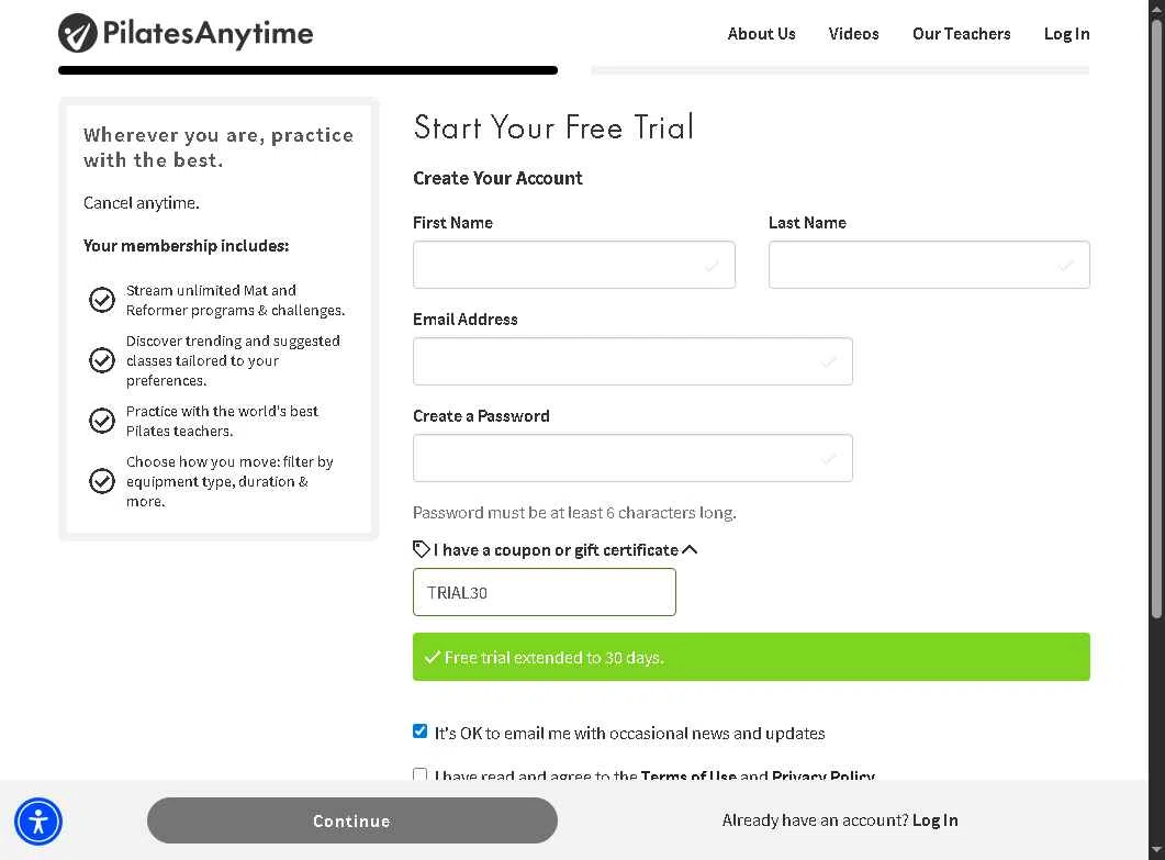 Pilates Anytime checkout page showing Pilates Anytime promo code box | Screenshot taken by SimplyCodes community member on Nov 20, 2025