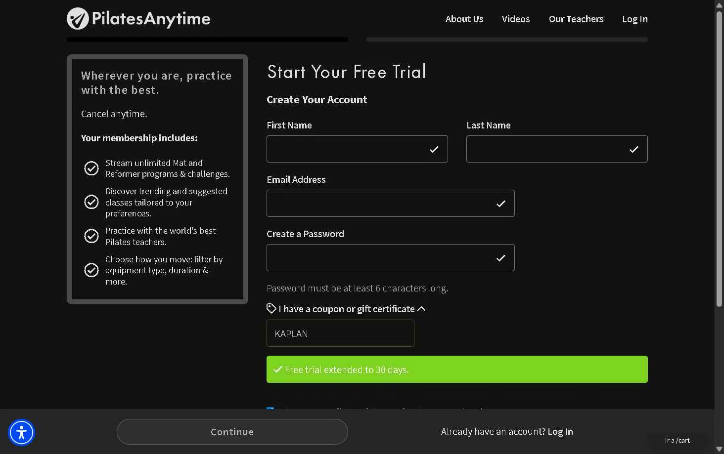 Pilates Anytime checkout page showing Pilates Anytime promo code box | Screenshot taken by SimplyCodes community member on Nov 13, 2025