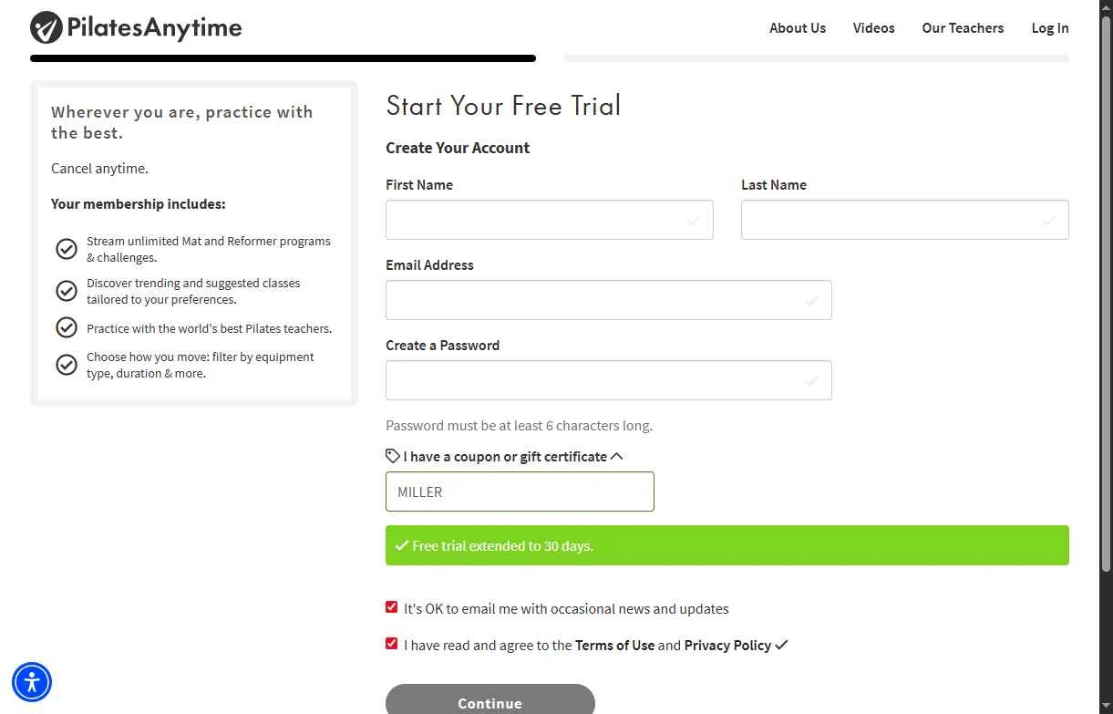 Pilates Anytime checkout page showing Pilates Anytime promo code box | Screenshot taken by SimplyCodes community member on Nov 13, 2025