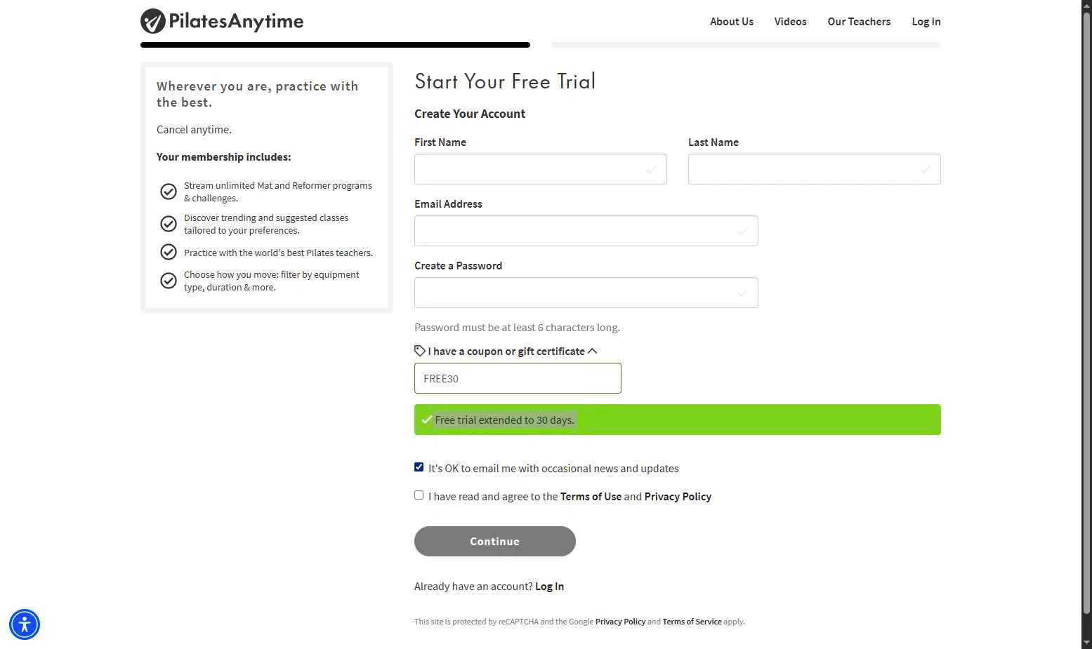 Pilates Anytime checkout page showing Pilates Anytime promo code box | Screenshot taken by SimplyCodes community member on Jan 17, 2026