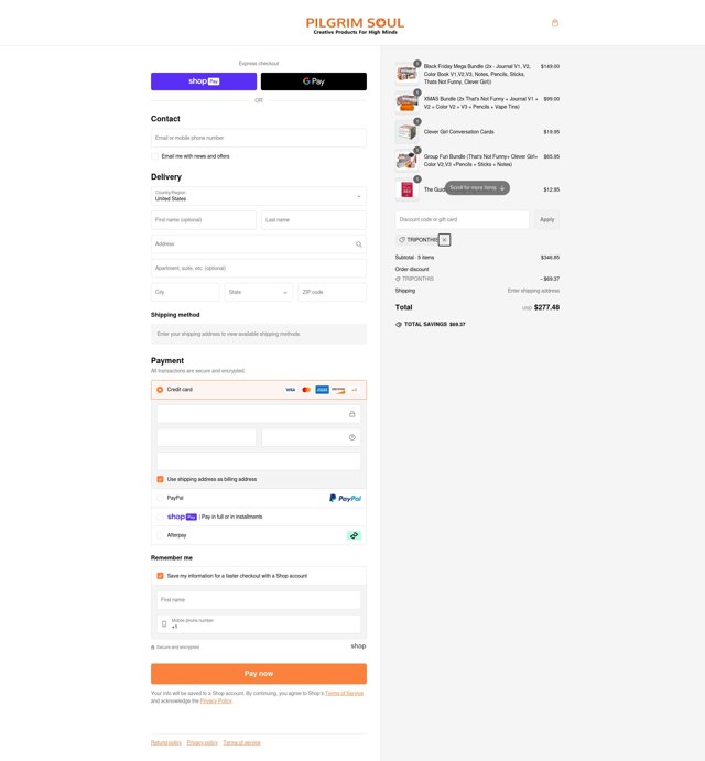 Pilgrim Soul checkout page showing Pilgrim Soul discount code box | Screenshot taken by SimplyCodes community member on Feb 18, 2025