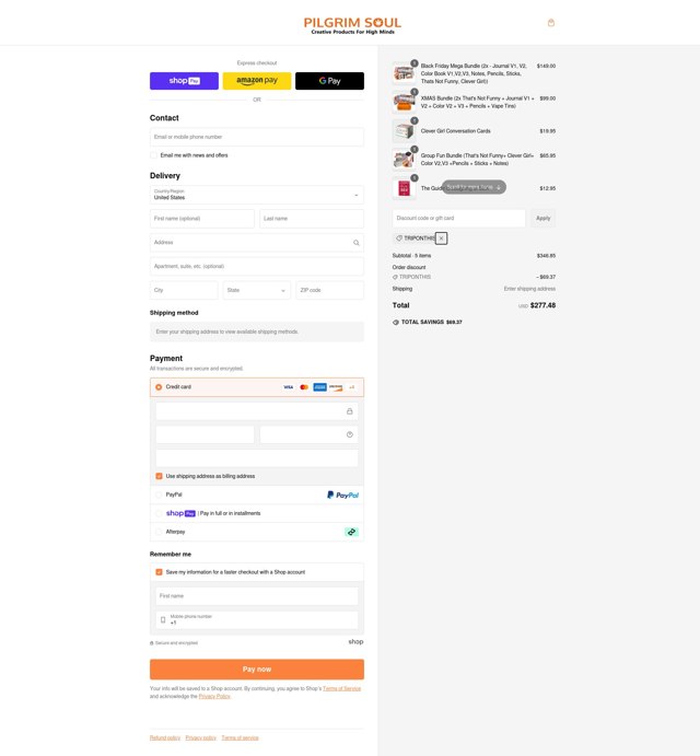 Pilgrim Soul checkout page showing Pilgrim Soul discount code box | Screenshot taken by SimplyCodes community member on Feb 17, 2025