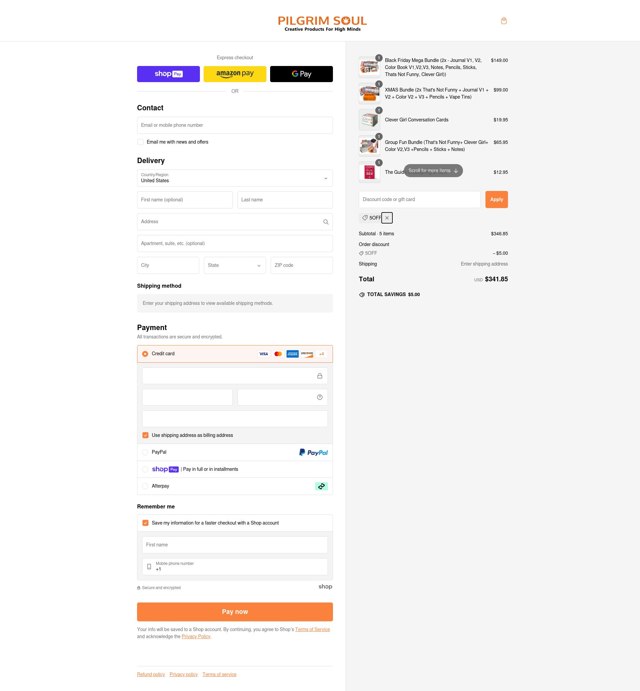 Pilgrim Soul checkout page showing Pilgrim Soul discount code box | Screenshot taken by SimplyCodes community member on Feb 17, 2025