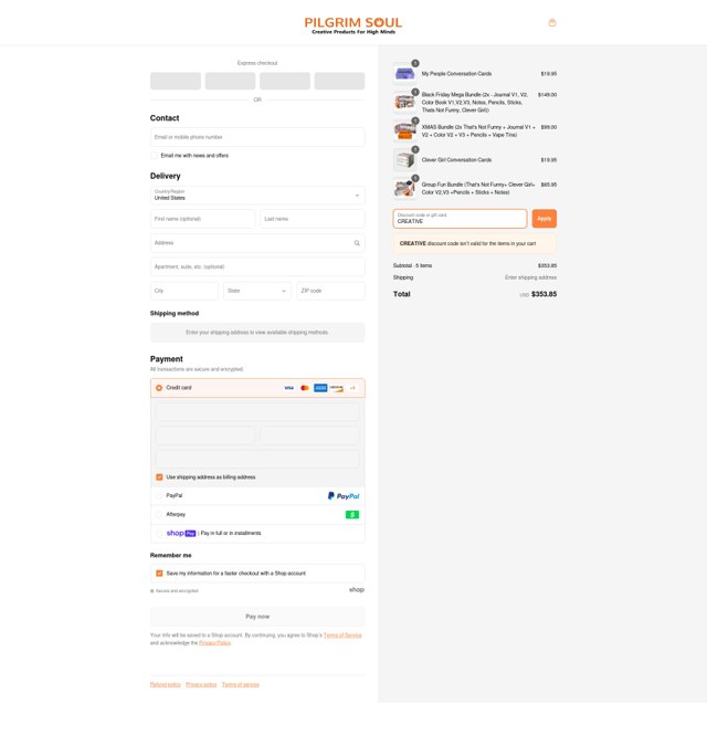 Pilgrim Soul checkout page showing Pilgrim Soul discount code box | Screenshot taken by SimplyCodes community member on Apr 2, 2025