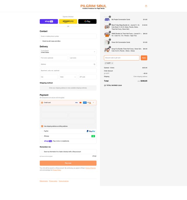 Pilgrim Soul checkout page showing Pilgrim Soul discount code box | Screenshot taken by SimplyCodes community member on Apr 2, 2025