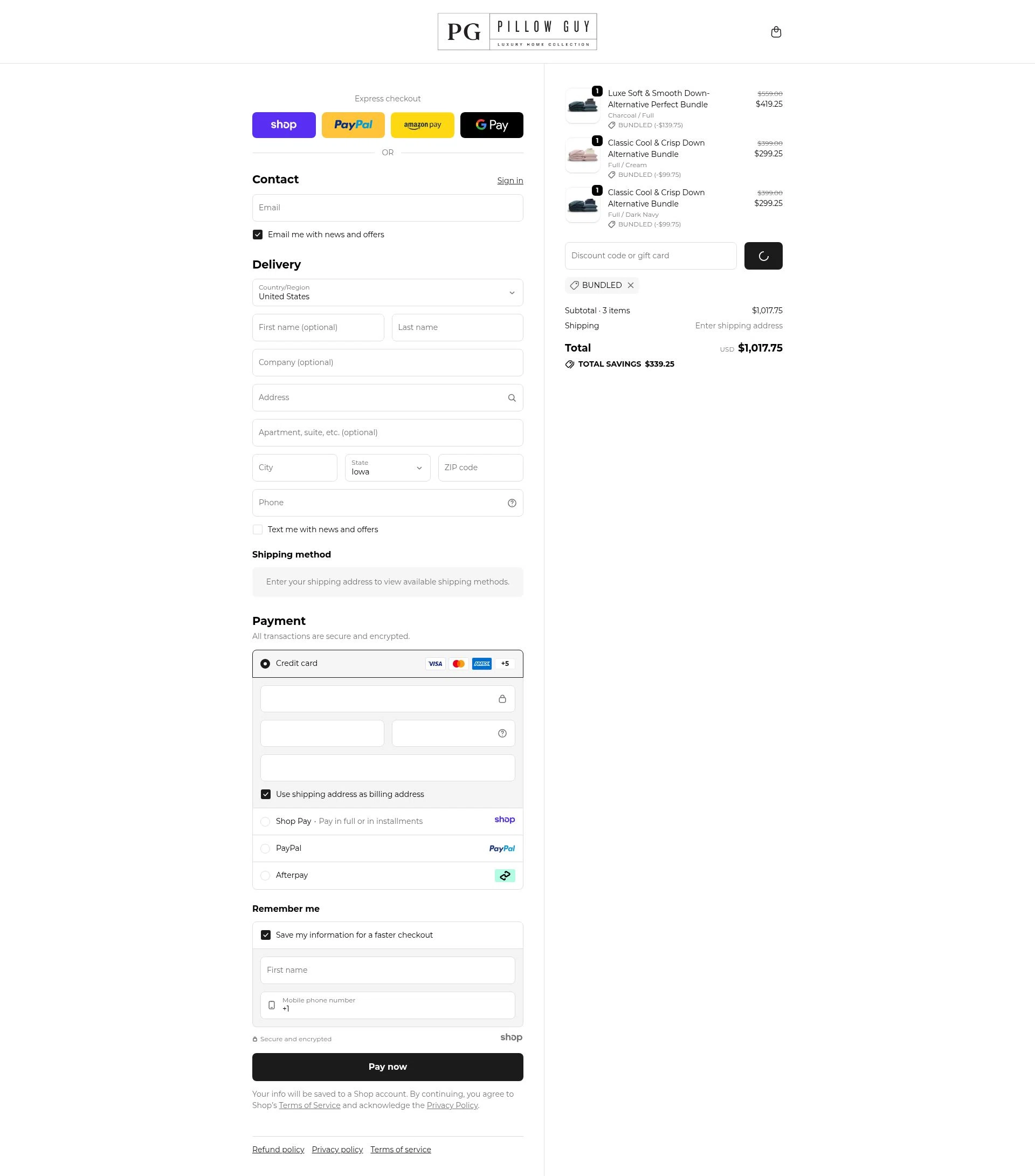 Pillow Guy checkout page showing Pillow Guy coupon code box | Screenshot taken by SimplyCodes community member on Jan 2, 2026