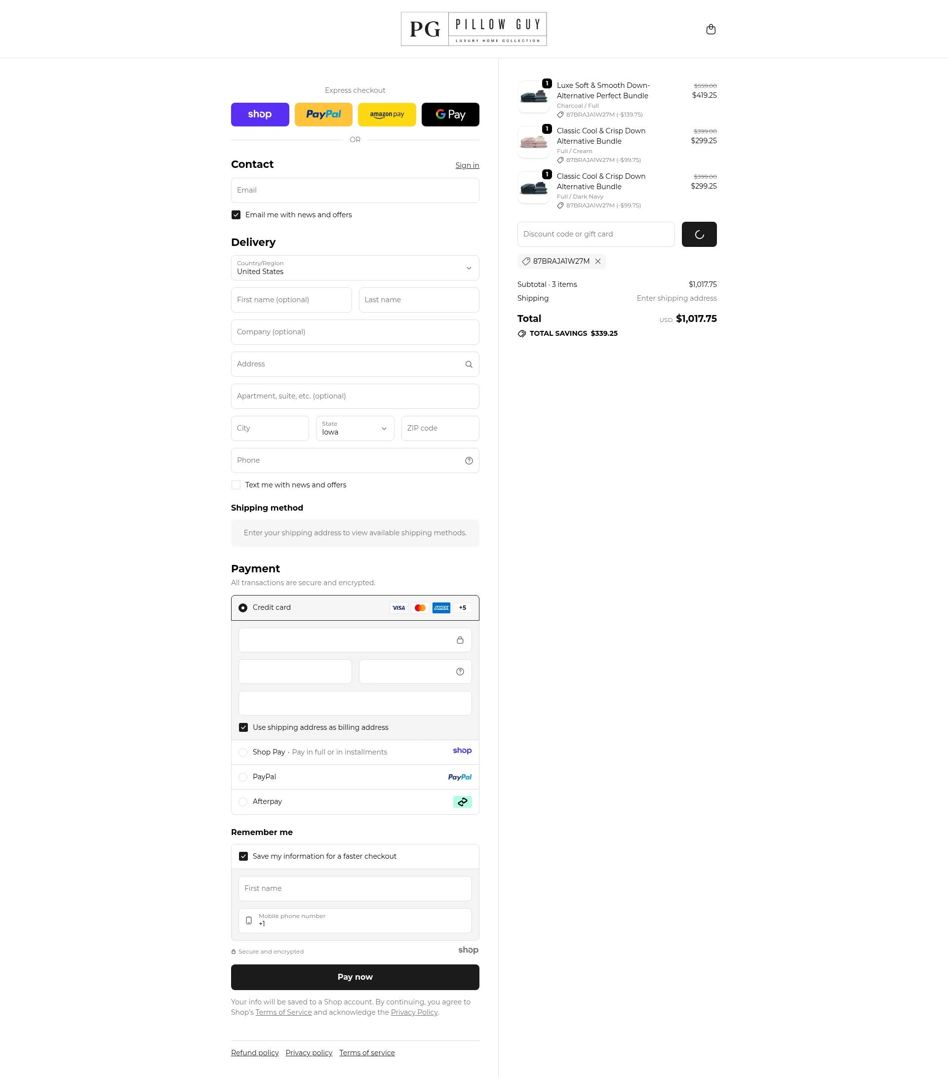 Pillow Guy checkout page showing Pillow Guy coupon code box | Screenshot taken by SimplyCodes community member on Jan 2, 2026
