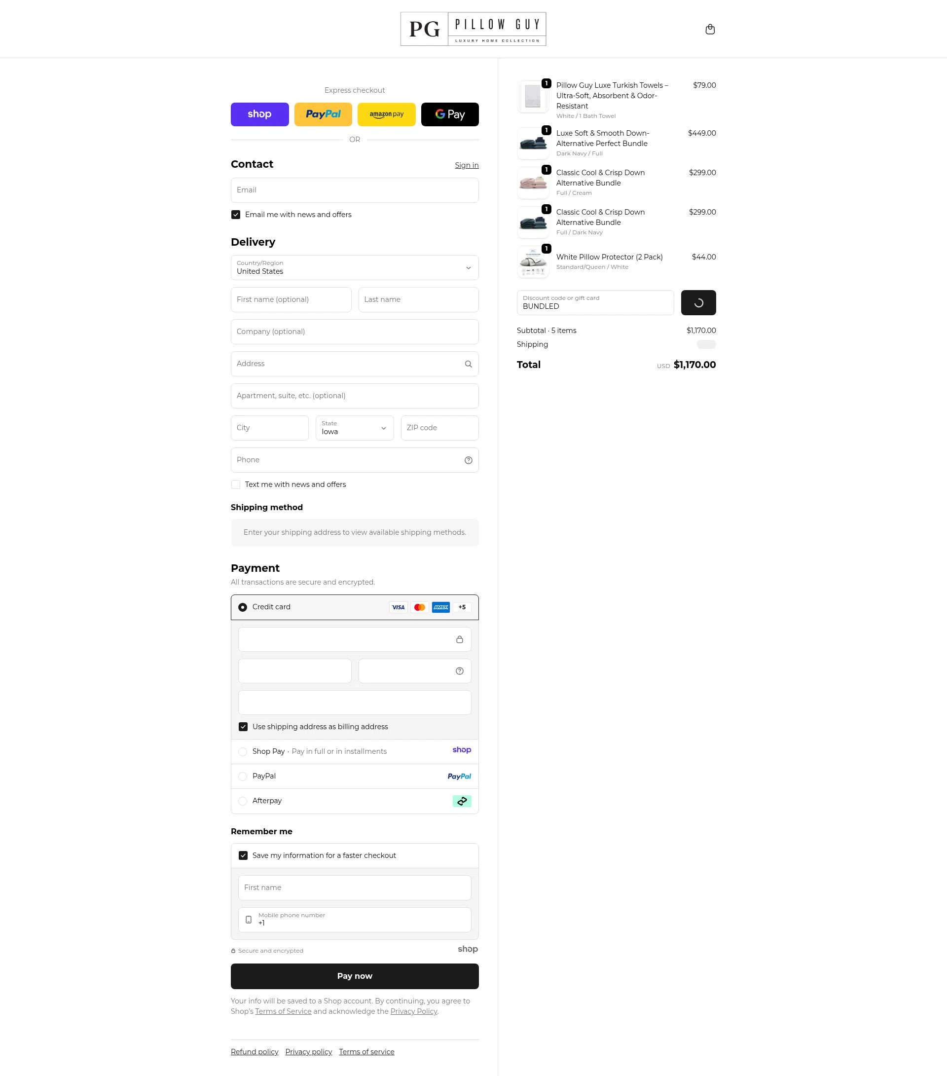 Pillow Guy checkout page showing Pillow Guy coupon code box | Screenshot taken by SimplyCodes community member on Dec 23, 2025