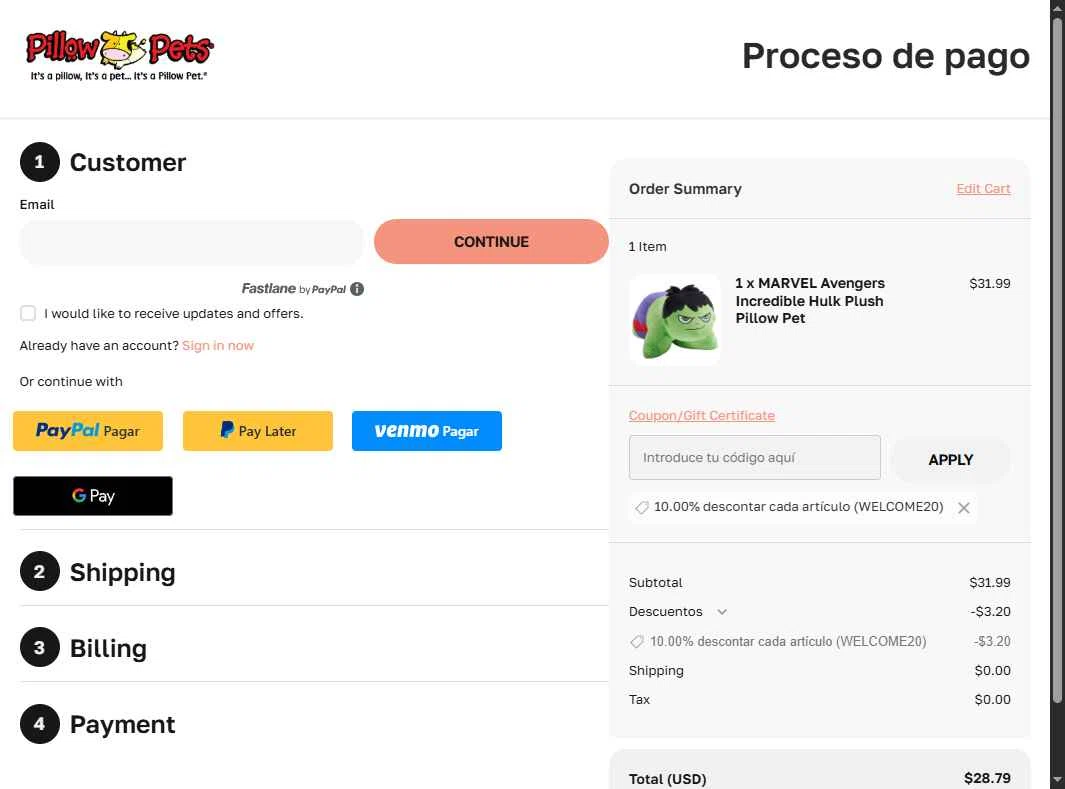 Pillow Pets checkout page showing Pillow Pets discount code box | Screenshot taken by SimplyCodes community member on Jan 13, 2026