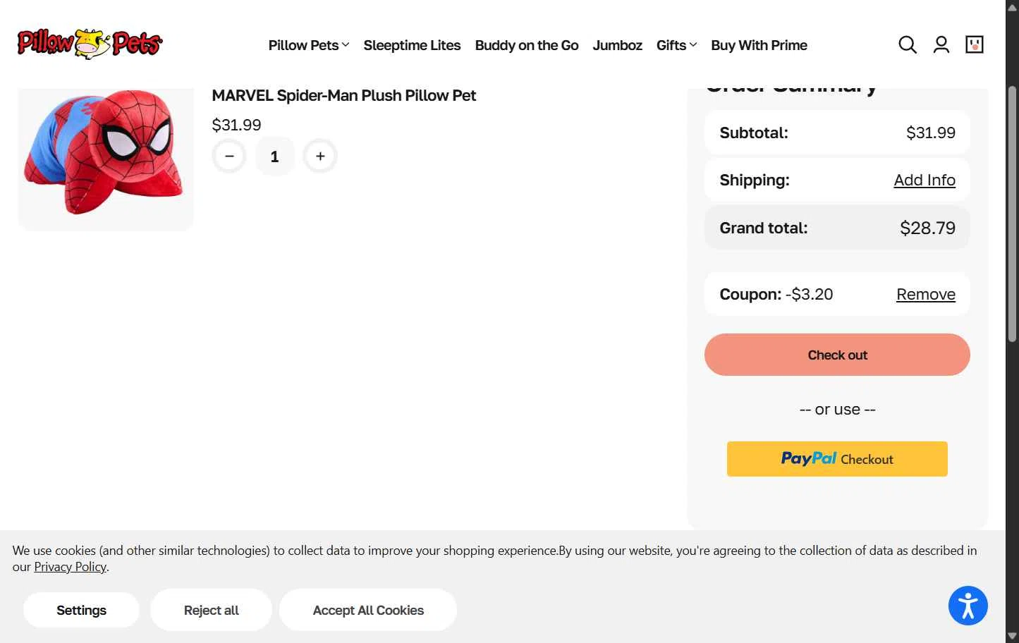 Pillow Pets checkout page showing Pillow Pets discount code box | Screenshot taken by SimplyCodes community member on Jan 13, 2026