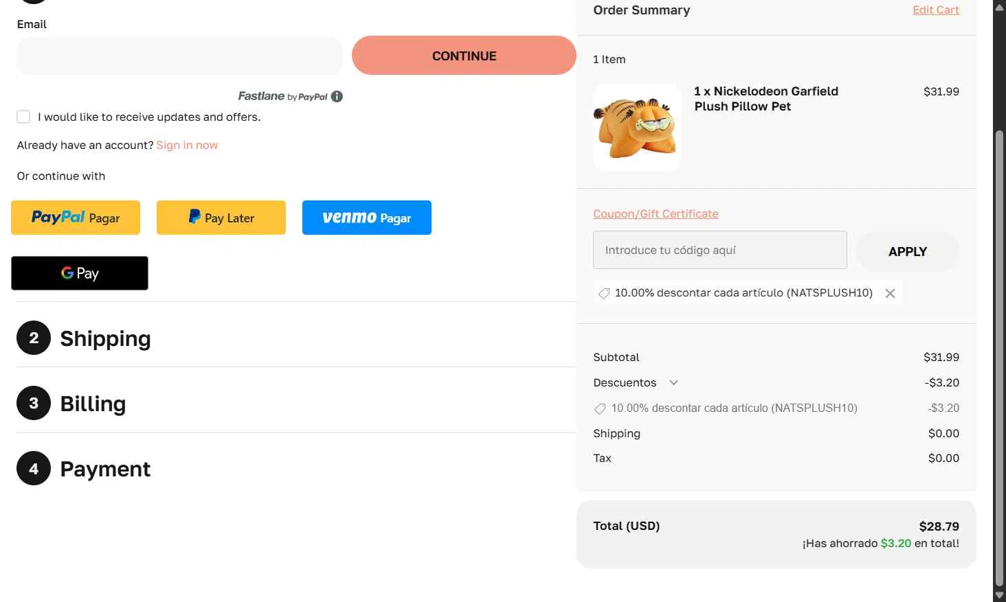 Pillow Pets checkout page showing Pillow Pets discount code box | Screenshot taken by SimplyCodes community member on Jan 9, 2026