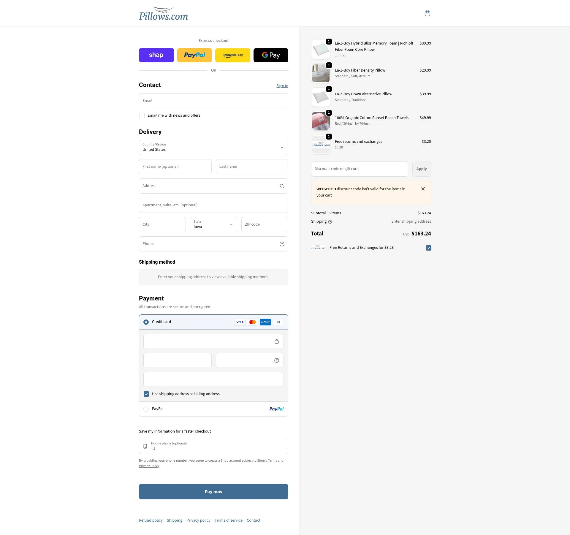 Pillows checkout page showing Pillows coupon code box | Screenshot taken by SimplyCodes community member on Feb 6, 2026