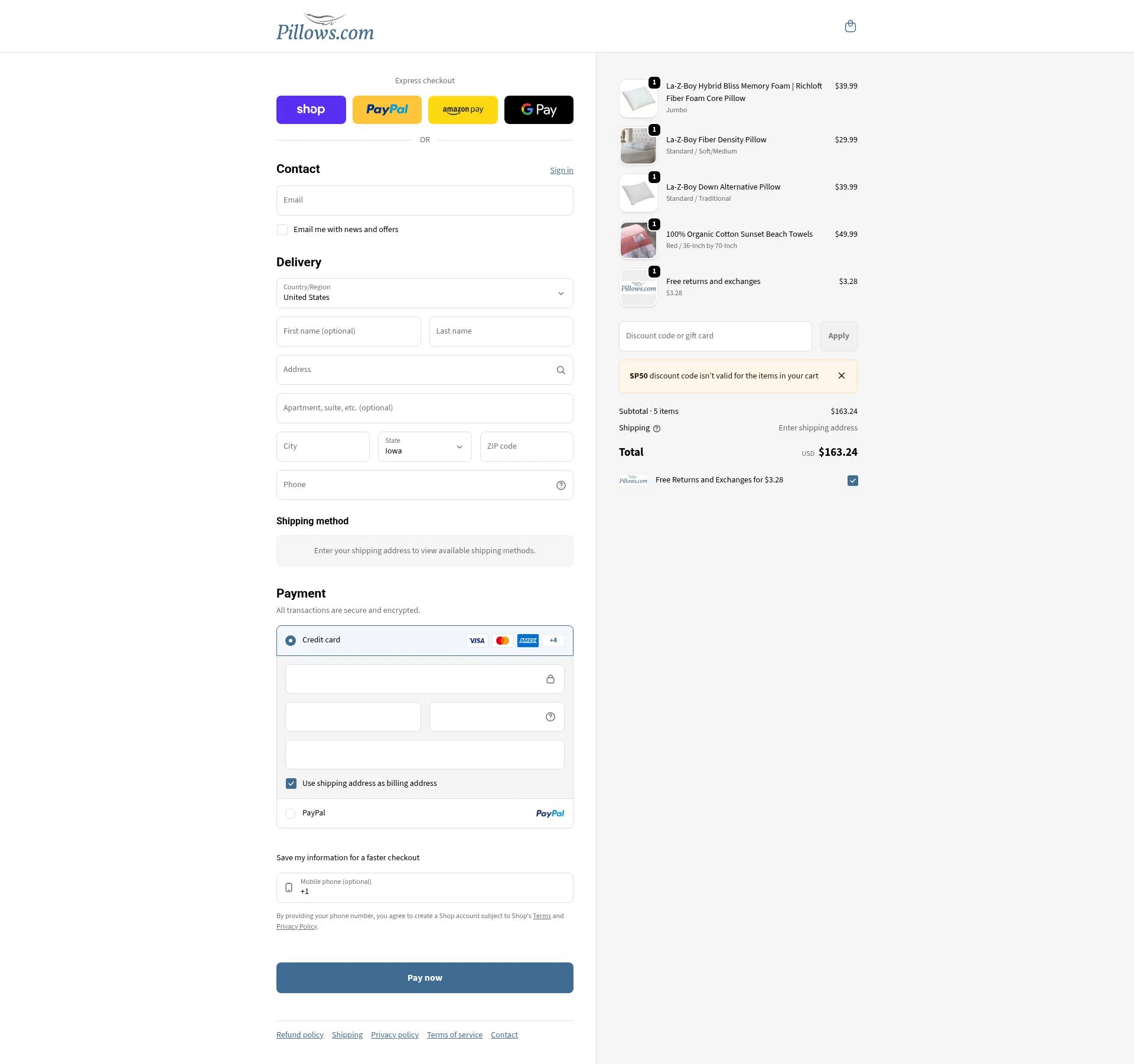 Pillows checkout page showing Pillows coupon code box | Screenshot taken by SimplyCodes community member on Feb 6, 2026