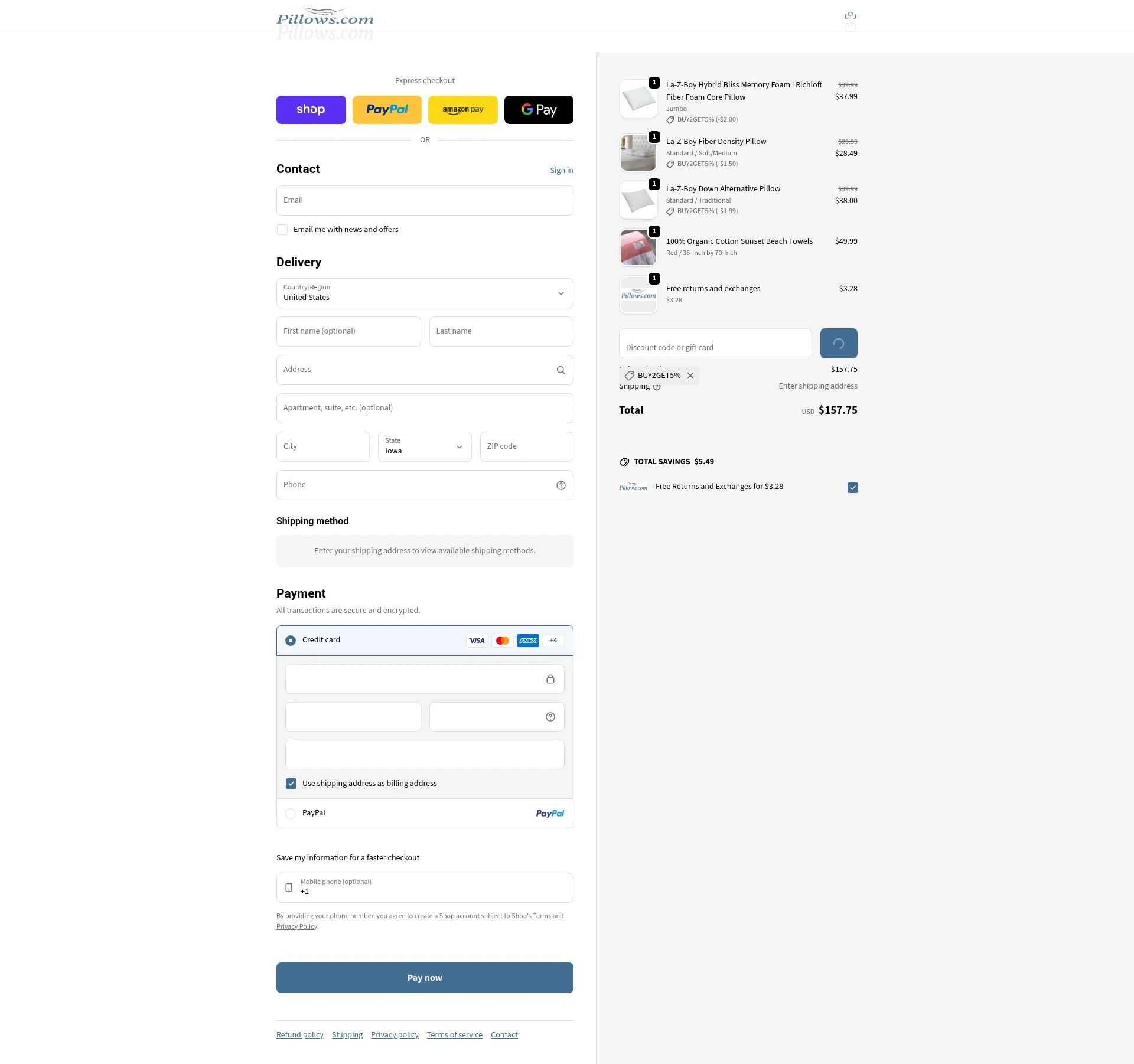 Pillows checkout page showing Pillows coupon code box | Screenshot taken by SimplyCodes community member on Feb 6, 2026