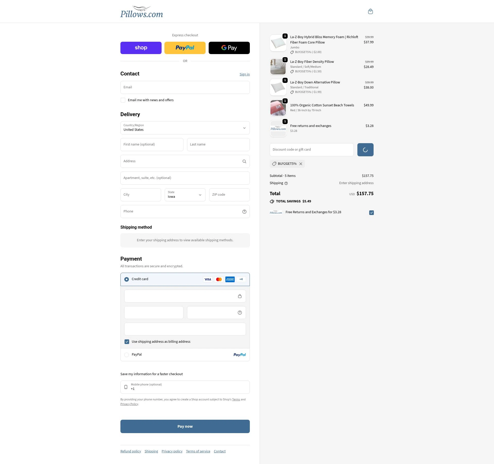 Pillows checkout page showing Pillows coupon code box | Screenshot taken by SimplyCodes community member on Feb 2, 2026