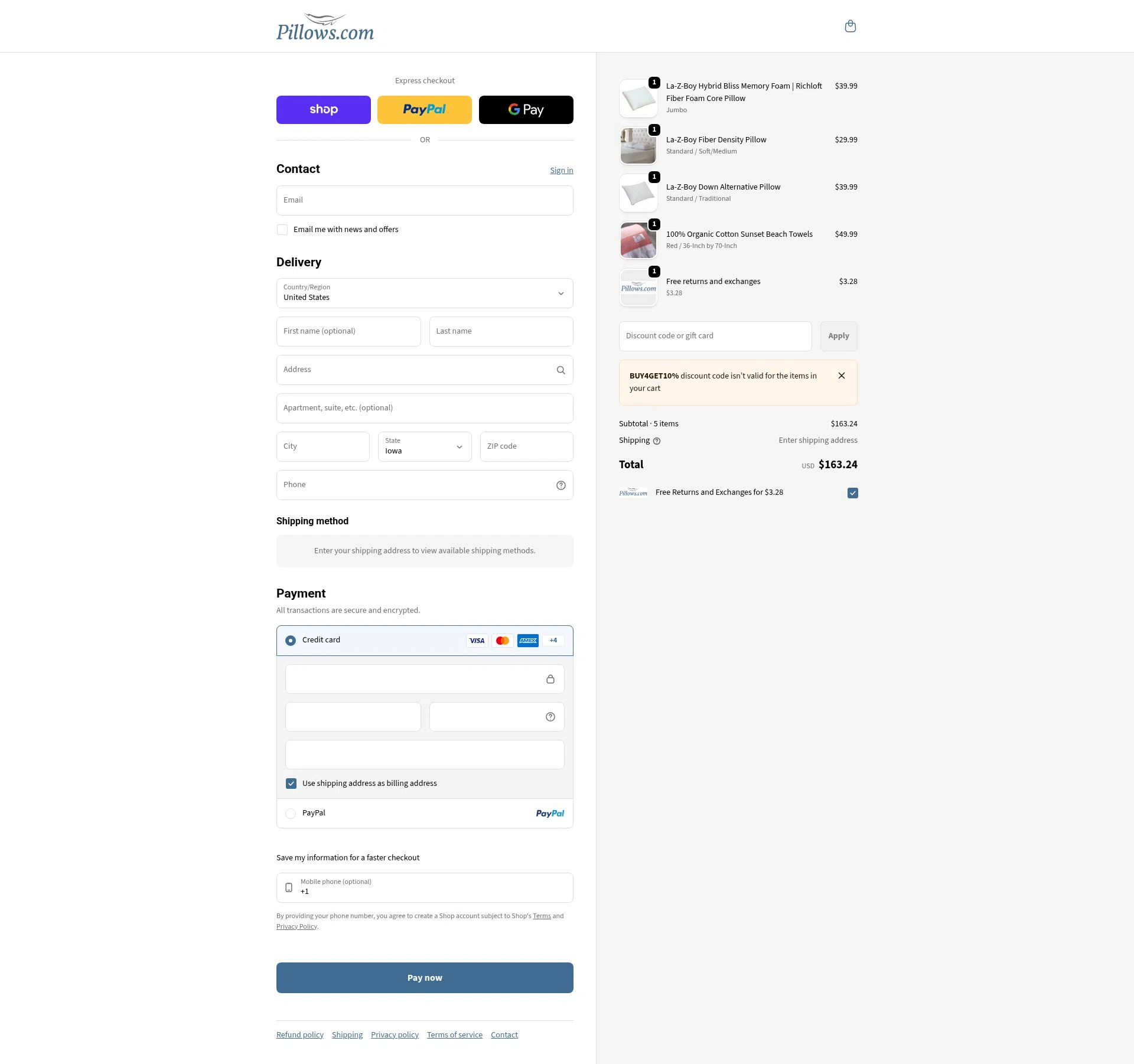 Pillows checkout page showing Pillows coupon code box | Screenshot taken by SimplyCodes community member on Feb 2, 2026