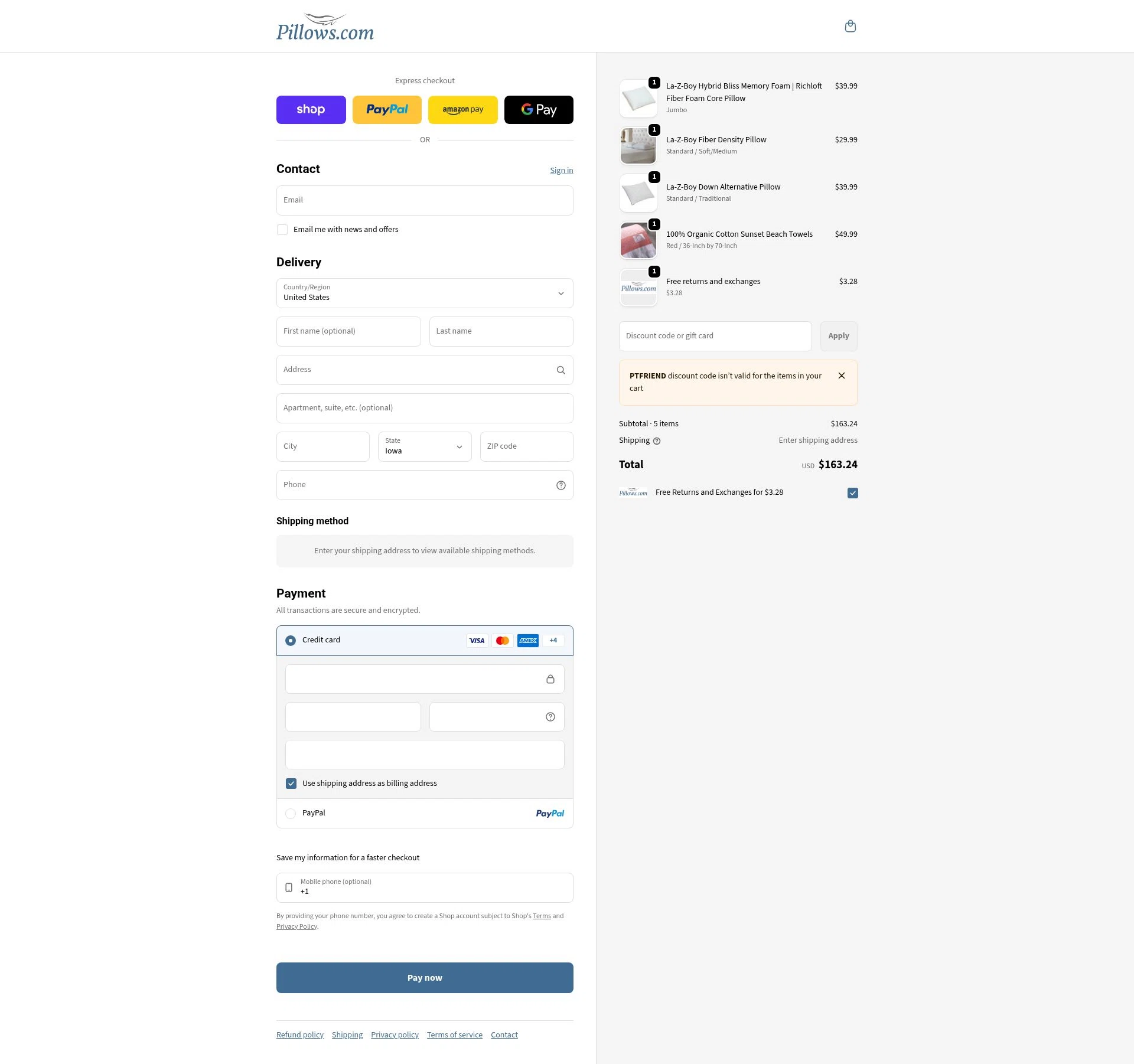 Pillows checkout page showing Pillows coupon code box | Screenshot taken by SimplyCodes community member on Feb 6, 2026