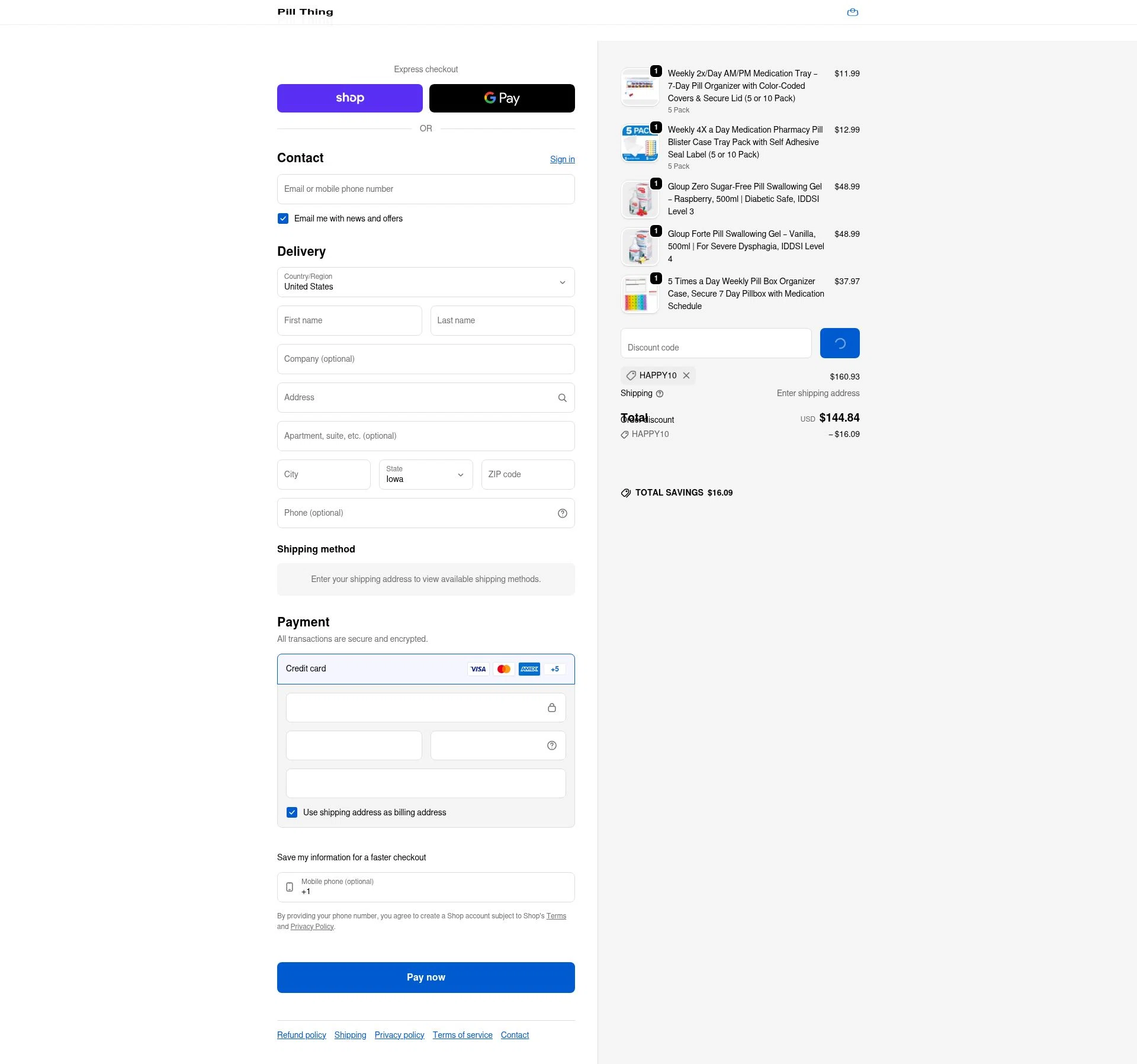 Pill Thing checkout page showing Pill Thing promo code box | Screenshot taken by SimplyCodes community member on Feb 8, 2026