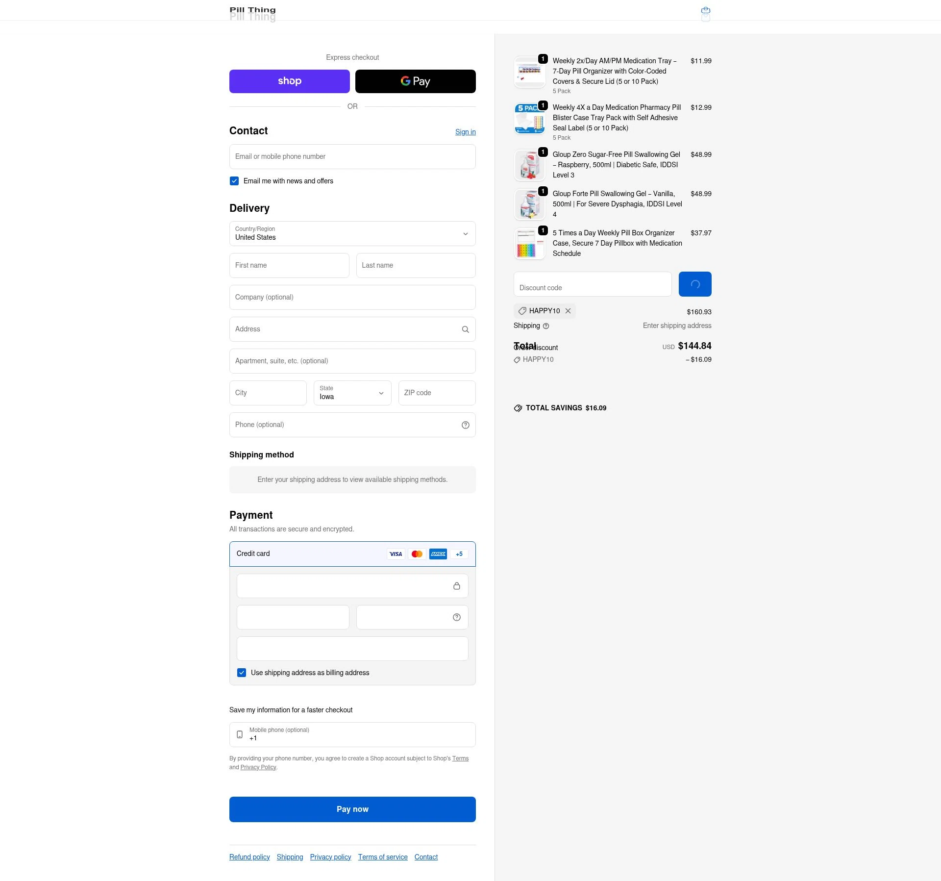 Pill Thing checkout page showing Pill Thing promo code box | Screenshot taken by SimplyCodes community member on Feb 4, 2026