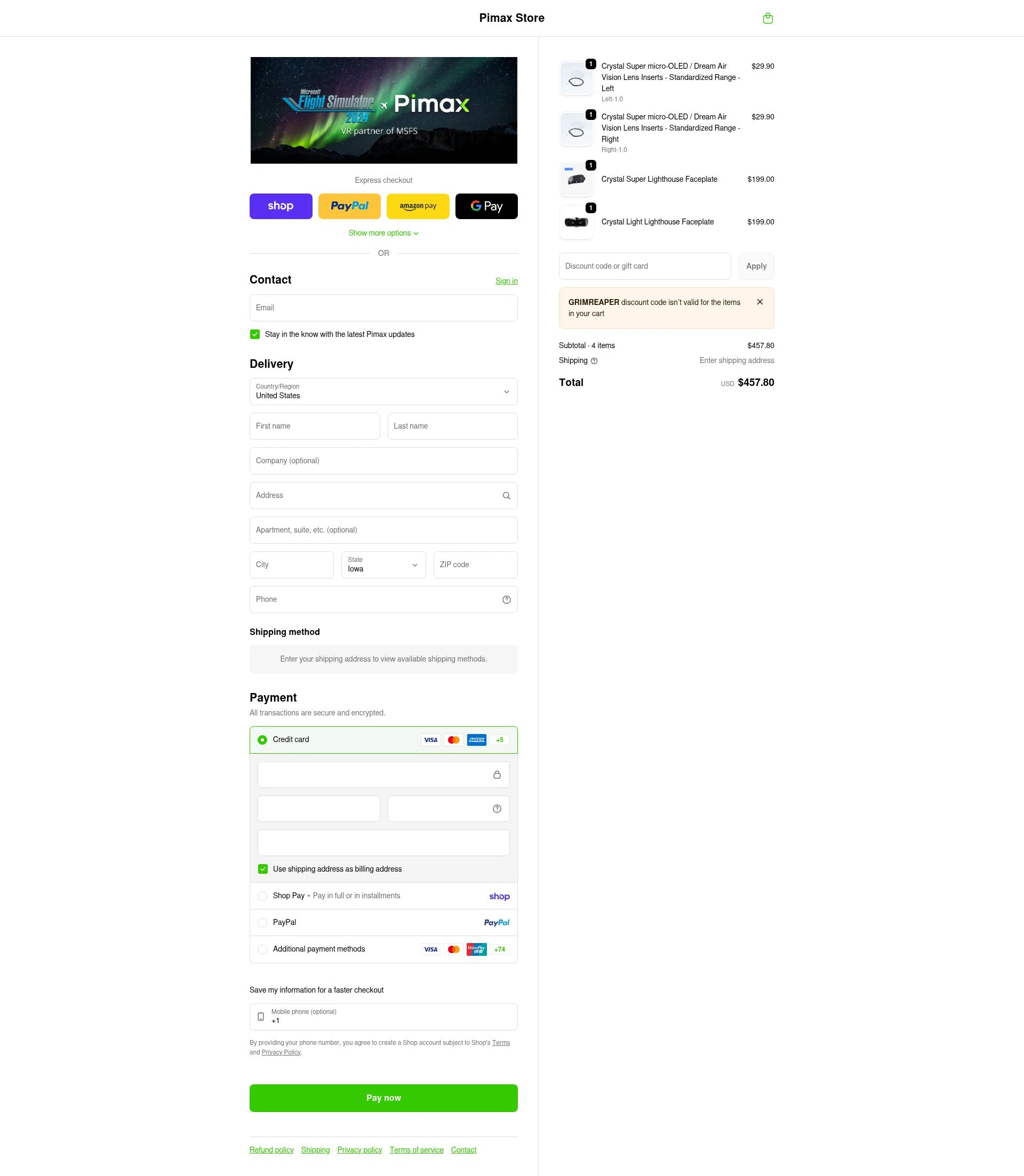 Pimax checkout page showing Pimax discount code box | Screenshot taken by SimplyCodes community member on Feb 11, 2026