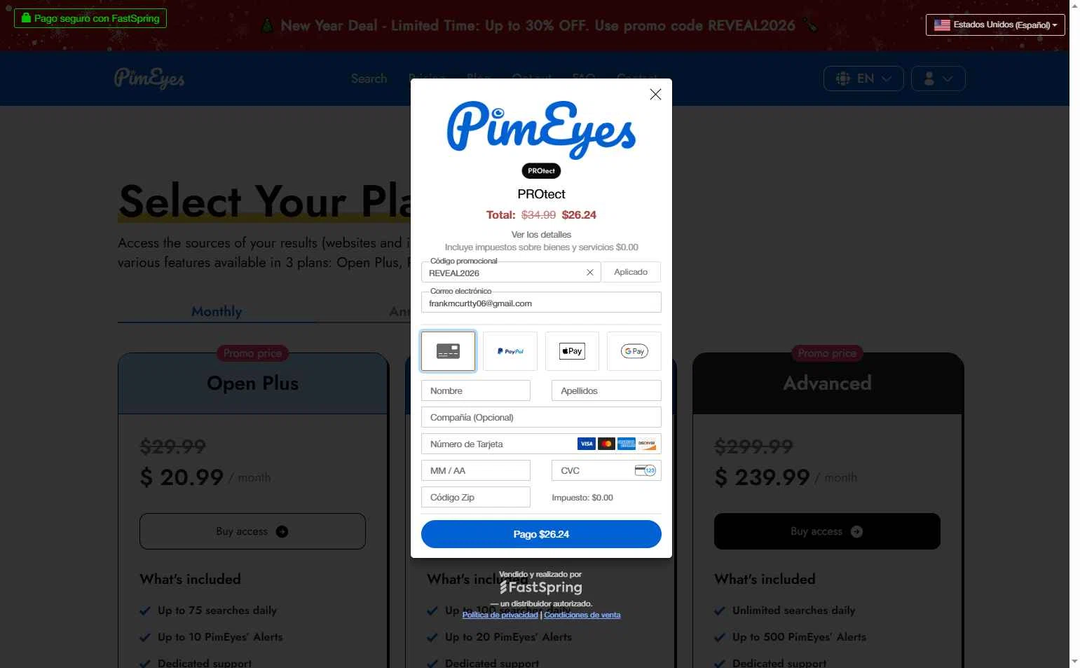PimEyes checkout page showing PimEyes promo code box | Screenshot taken by SimplyCodes community member on Dec 25, 2025