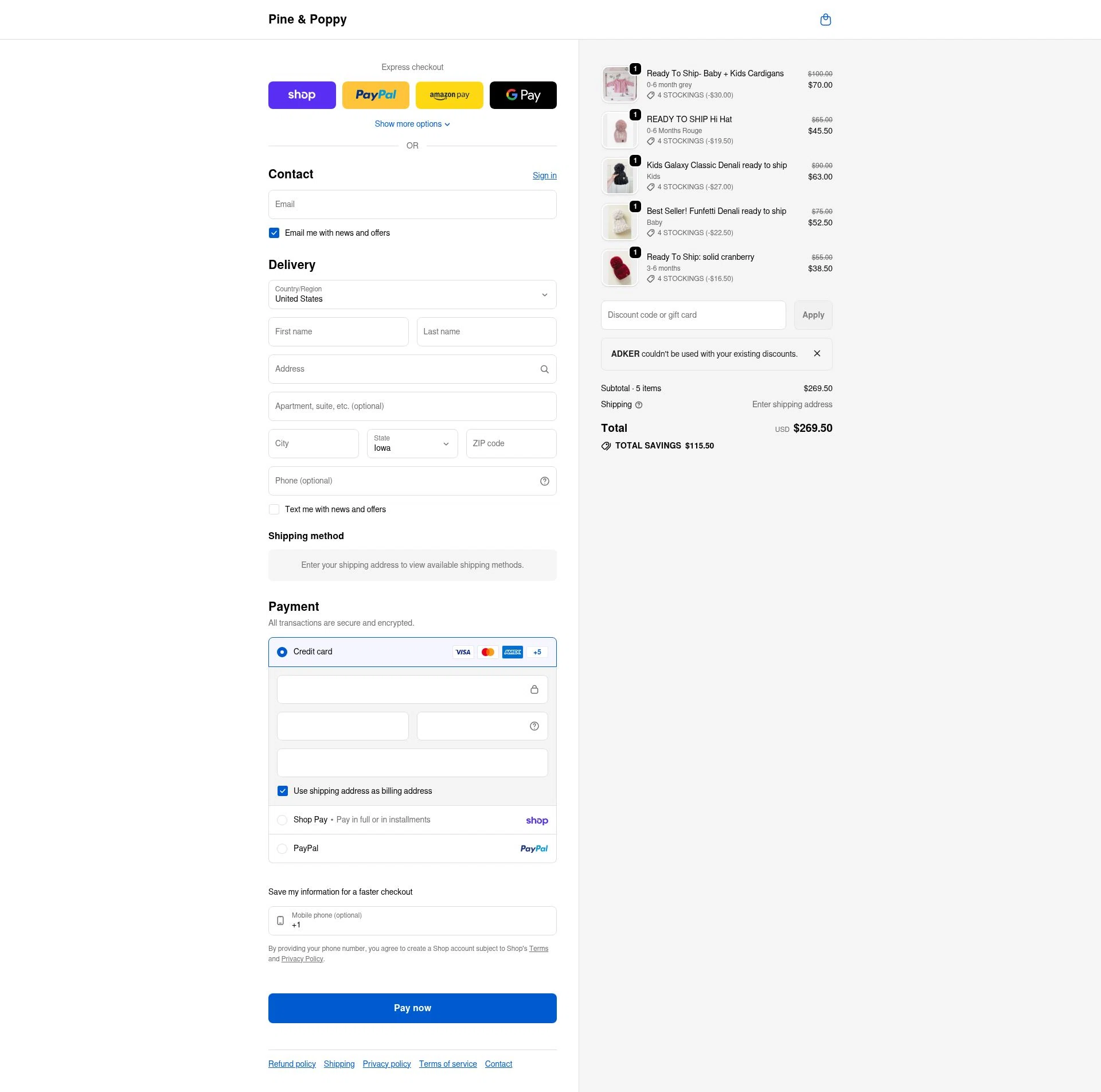 Pine & Poppy checkout page showing Pine & Poppy promo code box | Screenshot taken by SimplyCodes community member on Feb 7, 2026