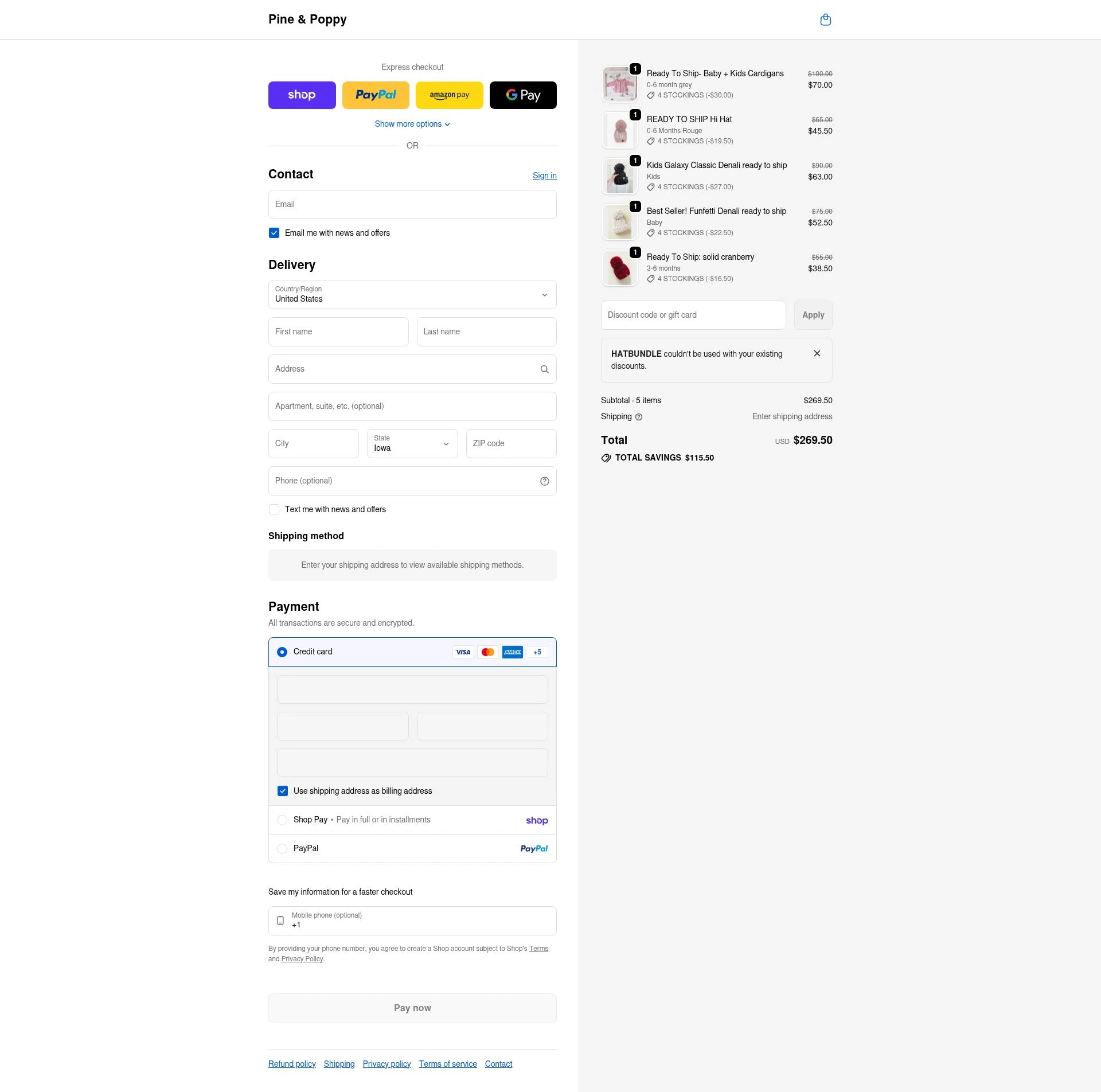 Pine & Poppy checkout page showing Pine & Poppy promo code box | Screenshot taken by SimplyCodes community member on Feb 7, 2026