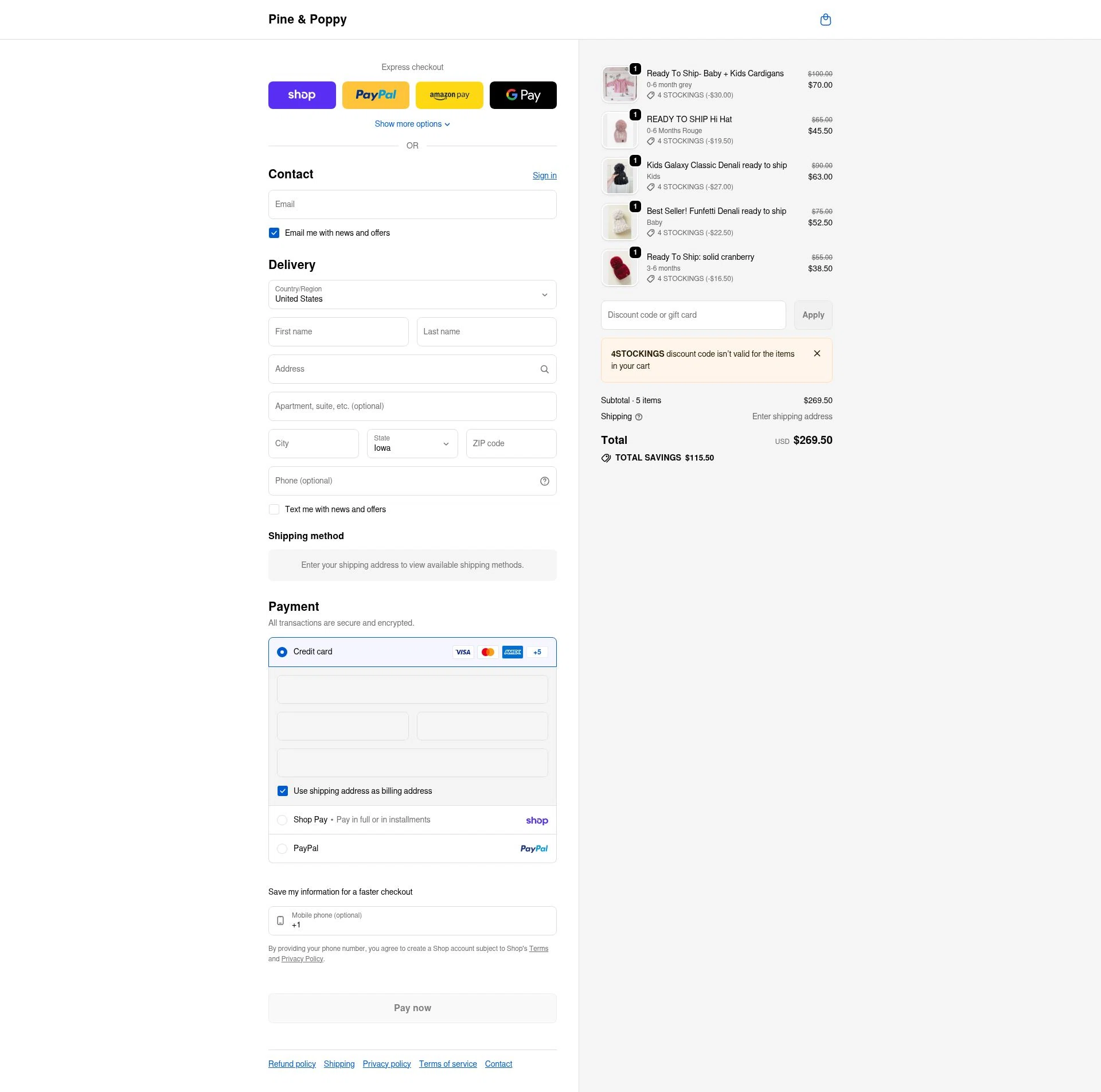 Pine & Poppy checkout page showing Pine & Poppy promo code box | Screenshot taken by SimplyCodes community member on Feb 7, 2026