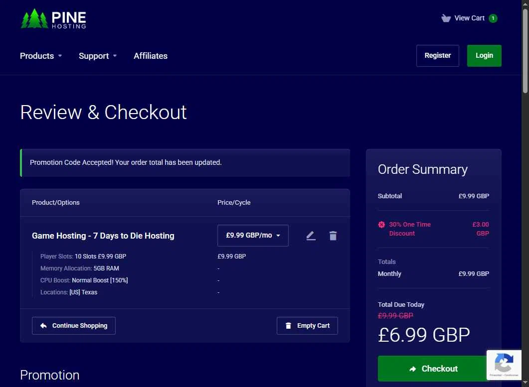 Pine Hosting checkout page showing Pine Hosting promo code box | Screenshot taken by SimplyCodes community member on Dec 16, 2025
