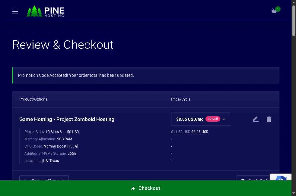 Pine Hosting checkout page showing Pine Hosting promo code box | Screenshot taken by SimplyCodes community member on Jan 28, 2026