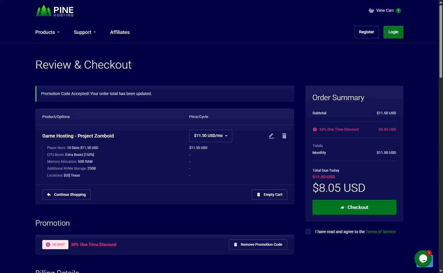 Pine Hosting checkout page showing Pine Hosting promo code box | Screenshot taken by SimplyCodes community member on Jul 3, 2025