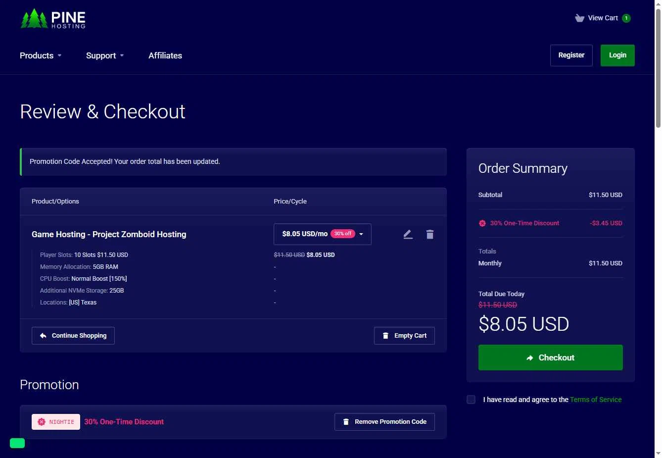Pine Hosting checkout page showing Pine Hosting promo code box | Screenshot taken by SimplyCodes community member on Dec 3, 2025