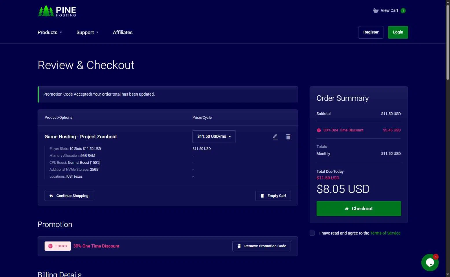 Pine Hosting checkout page showing Pine Hosting promo code box | Screenshot taken by SimplyCodes community member on Nov 4, 2025