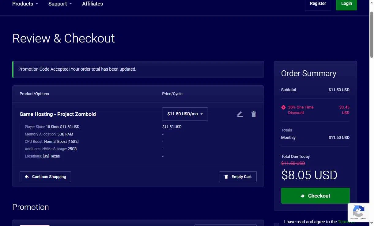 Pine Hosting checkout page showing Pine Hosting promo code box | Screenshot taken by SimplyCodes community member on Oct 28, 2025